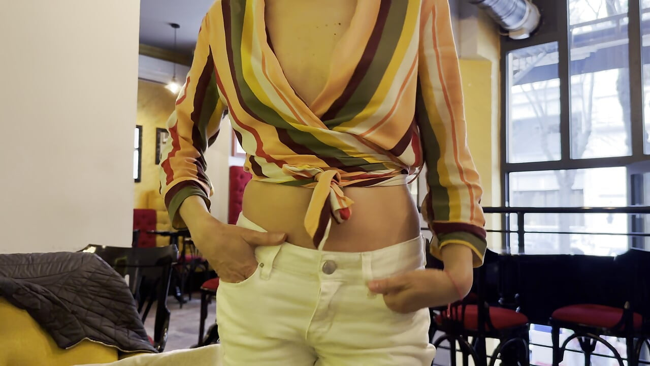 Wife exposing boobs and big pierced nipples while having coffee in a bar public while my husband plays with my boobs