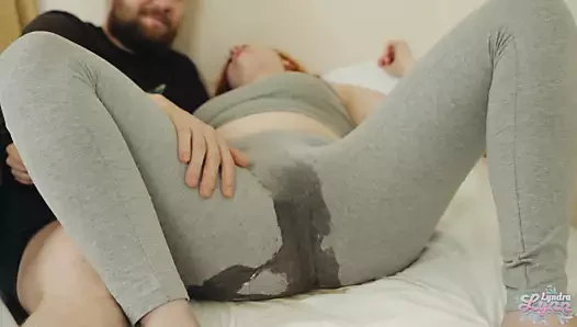 Peeing in my leggings while he masturbates and fucks me