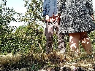 Mother-in-law took off her panties to masturbate in the garden and make her son-in-law cum