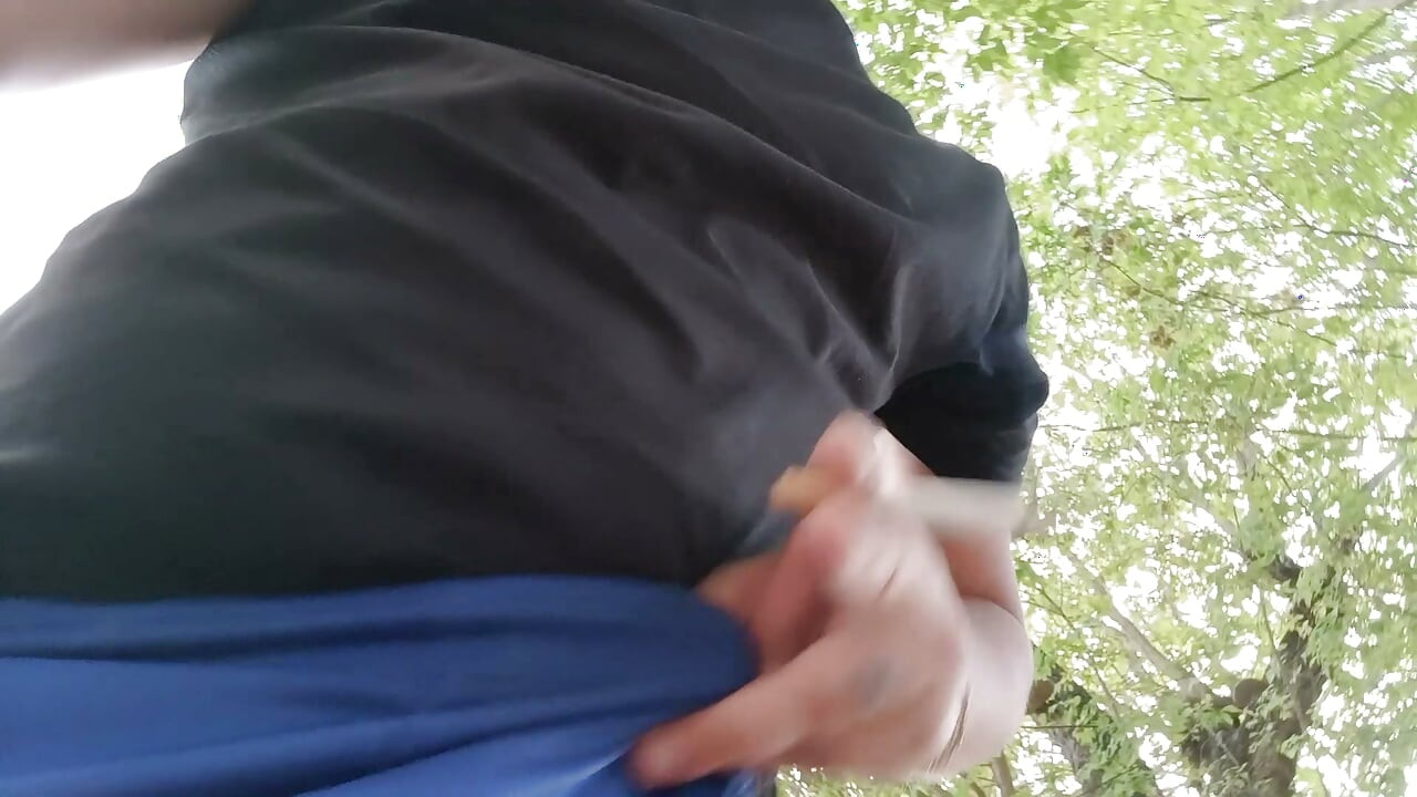 Smoking Outdoor and Showing Balls and Soft Uncut Cock