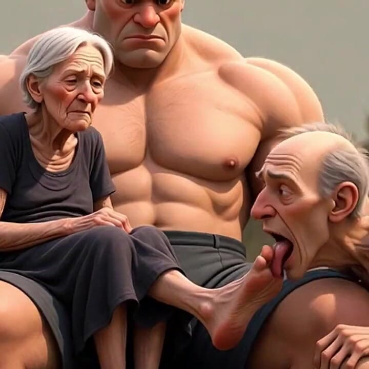 Zielige cuckold likt de tenen van zijn vrouw terwijl ze in bull's arms is - voetaanbidding vernedering
