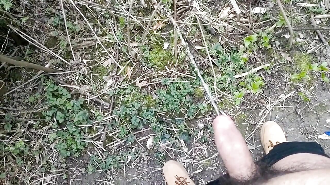 Long Piss in Slow Motion From Uncut Hairy Cock Outdoor