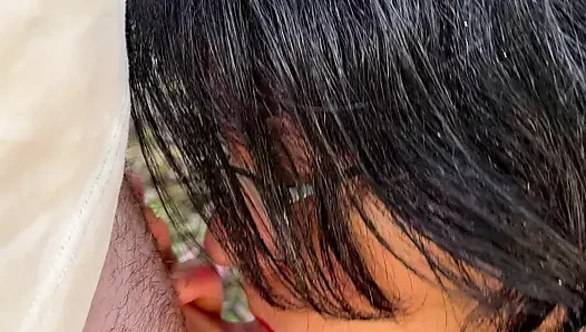 French milg gives outdoor blowjob with cum in mouth