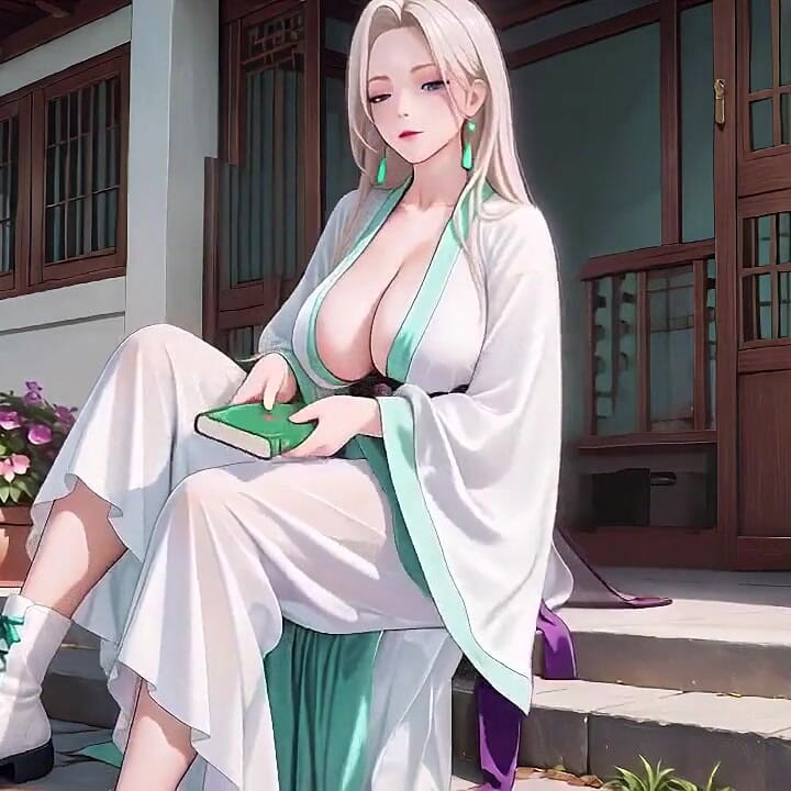 White Kimono Maid! Kneeling in the Japanese Corridor, High Slit Revealing Wet Thighs Under the Sun.