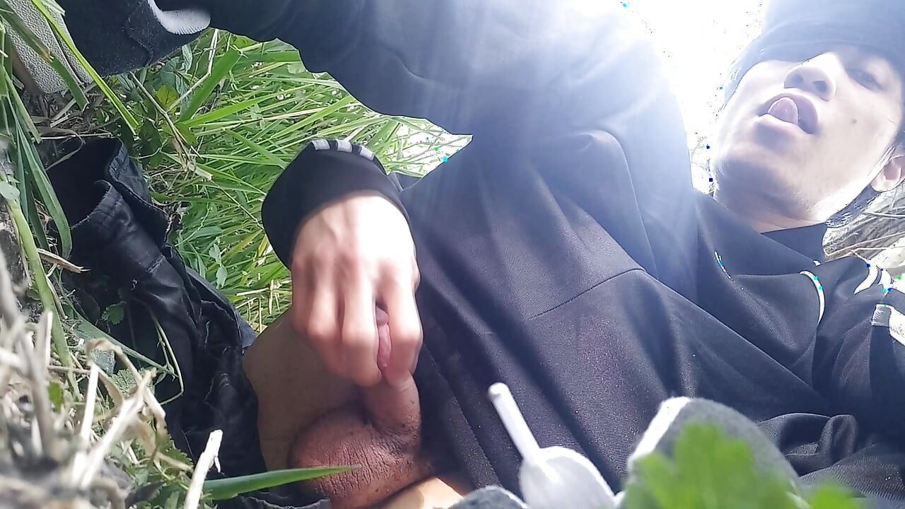 Gay boy Jon Arteen, wearing adidas tracksuit Campus sneakers, gets a hard-on outdoors, jerks off, squirts big cumshots before cl