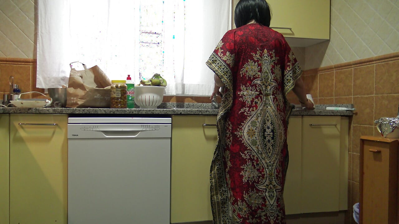 Stepmother lets stepson cum inside her hairy pussy in the kitchen