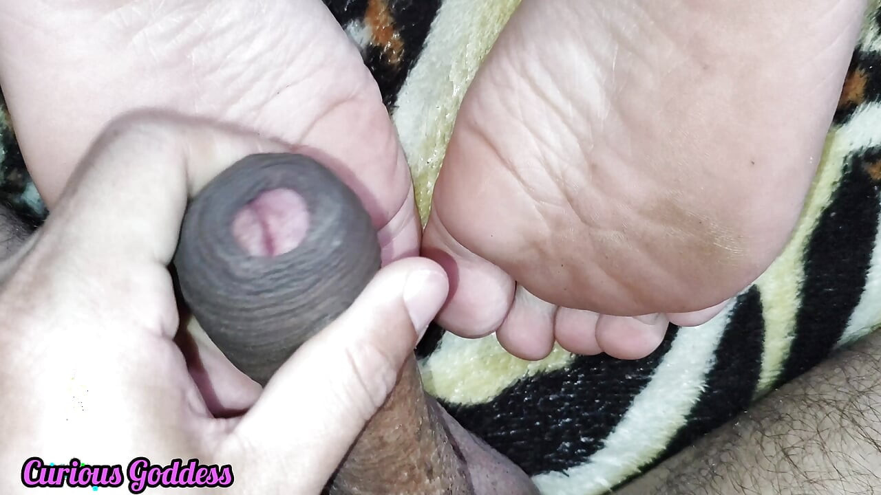 Curious Goddess - footjob from the hot neighbor cumming on the pink soles licking the cum