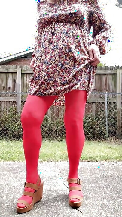 Crossdresser tease outdoors, masturbates and cums on my nylon pantyhose.