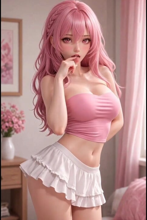 3d anime girl, in pink top and white miniskirt, pi
