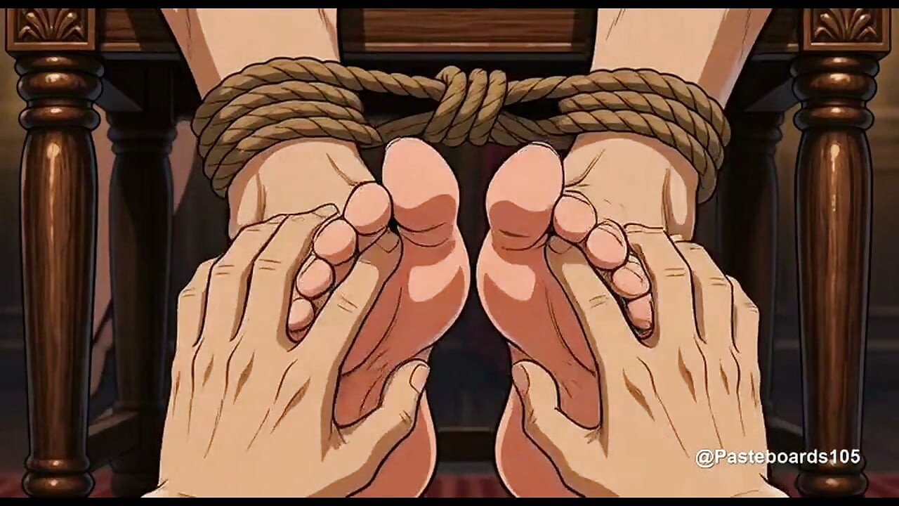 La voluntaria del espectáculo en el escenario - Atada a la silla del escenario, manos en sus axilas y plantas desnudas (anime 2D)
