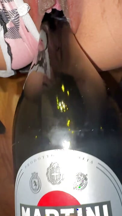 fuck with champagne bottle and his dick and cum really hard!