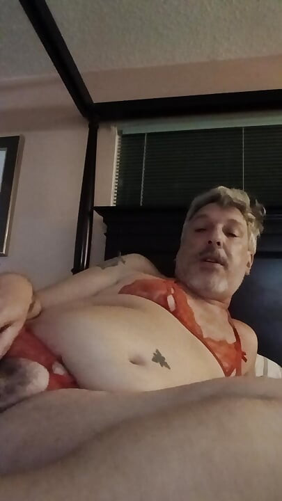 Bob in new red crotchless panties and bra
