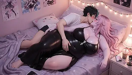 İri güzel kadın pembe saçlı anime kız yatakta büyük memeli oynuyor