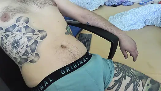 atraight guy strokes his hard, lubed on cock to cumshot