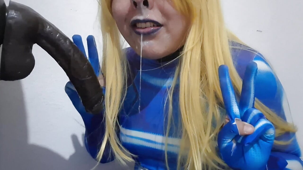 Cute Samus Femboy with BDSM Nosehook giving a Sloppy Blowjob to BBC Dildo, Deepthroat, Facial Fuck and Eating Semen