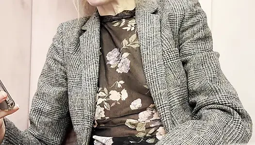 Trying my new sheer blouse in a caffe, showing my hard pierced nipples in public.