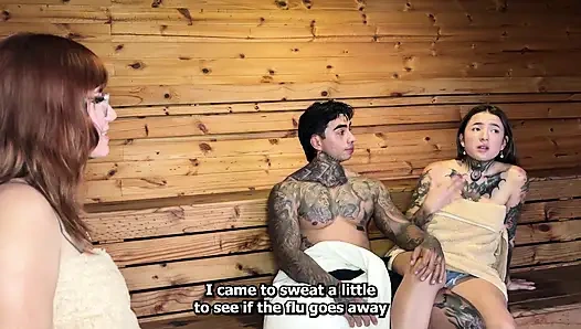 My neighbor leaves me alone with her boyfriend and we end up fucking in the sauna