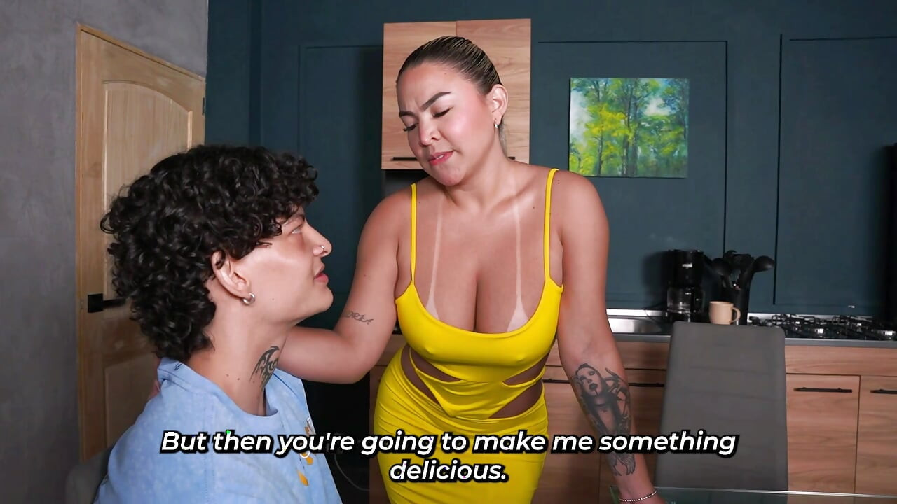 Big-breasted stepmother enjoys her husband's absence to fuck her stepson