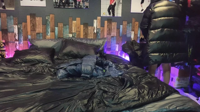 Cock Rubbing Down Jacket on Shiny Nylon Bed