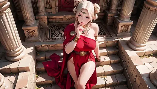 Blonde Goddess in Red! Forbidden Gaze in the Ancient Corridor, Deep V & High Slit teasing you.