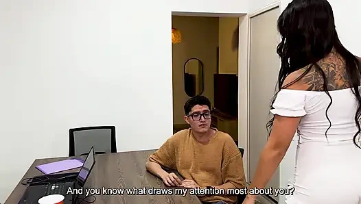 Secretary Fucks Her Boss's Stepson on the Office Desk, Nerd Boy Has a Big Cock! Daniela Andrea and Pipe Boy