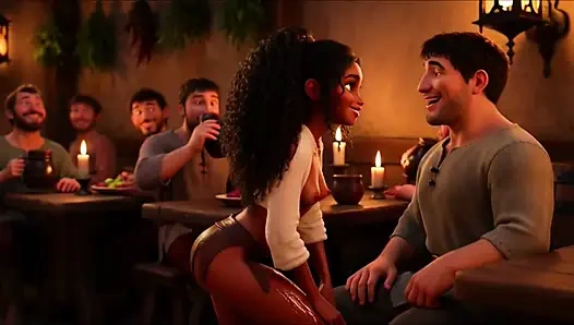 Hot Sensual Platinum Blonde Barmaid Flirty Wild Night In Bustling Medieval Fantasy Tavern With Cheerful Patrons