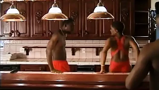 Fantastic curly haired ebony babe sucks and fucks two dicks one by one
