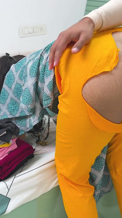 Komal was cleaning her mistress Madam's house, folding her clothes and the owner started kicking her ass from behind. | Clip 1