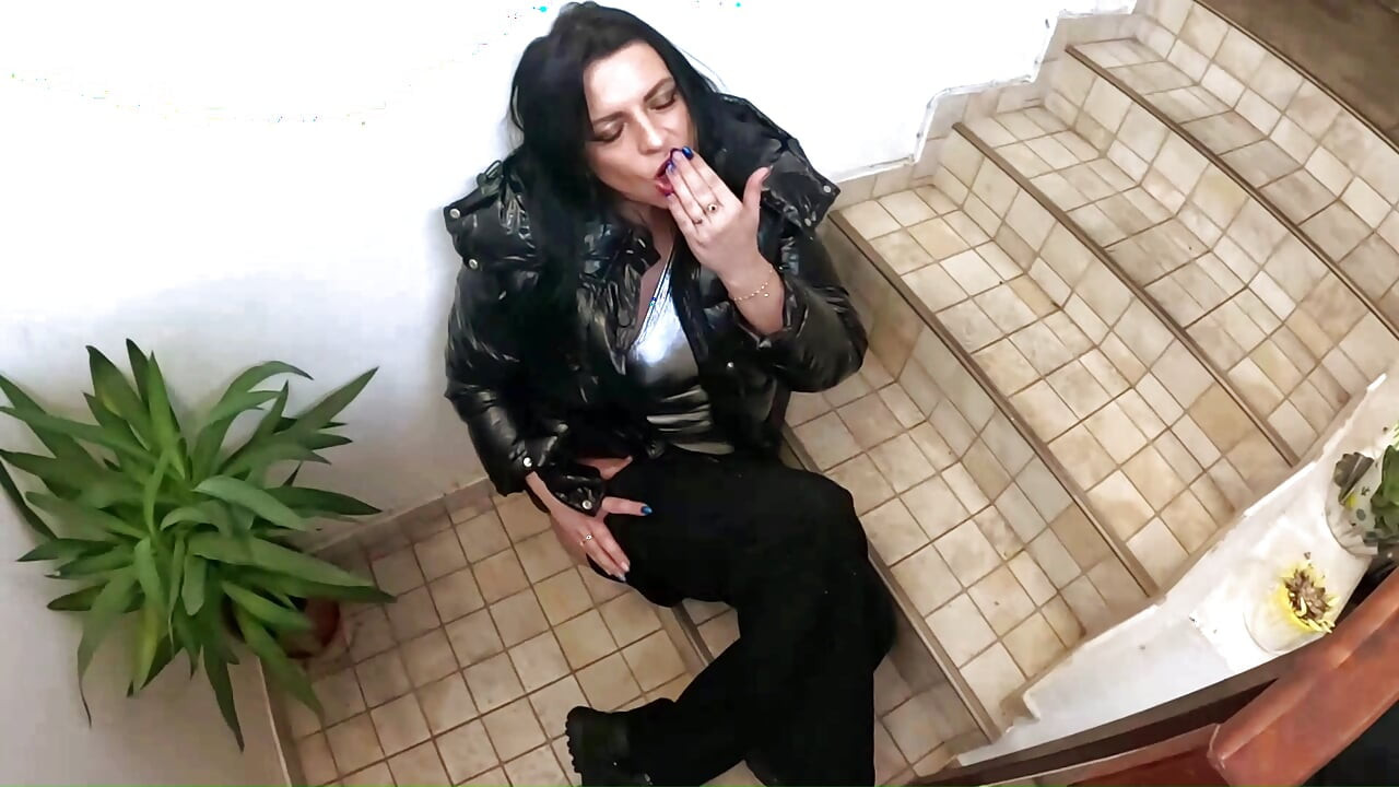 Shiny Downjacket Stairway Fuck. Deepthroat, Hard Doggy and Cum on My Jacket