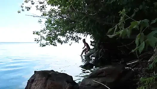 Fishing with harpoon in topless