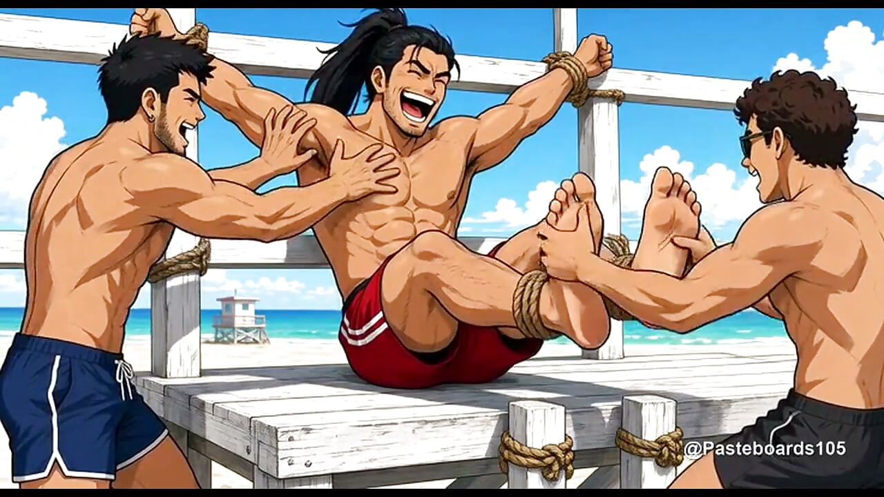 Bundet til livredder-tårnets rekkverk - bare hender på fotsålene og armhulene (2D Anime)