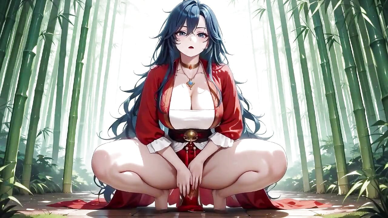 Blue-haired Domme Vs Muscular! Forbidden Deep Squats in a Navy Bedroom, Shy Chest Covering but Hips Thrusting Wildly