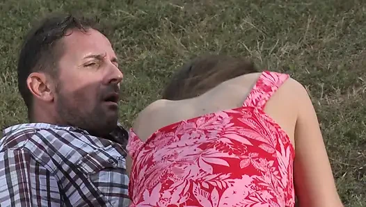 Naughty brunette seduces country boy to bang her outdoors