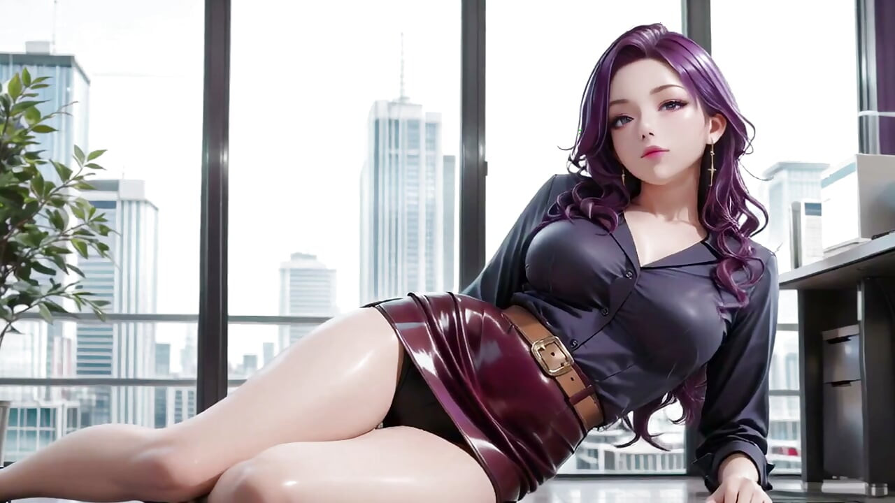 Purple-Haired Boss Office Taboo! Dark shirt, wine-red skirt, multitasking emails while teasing the lens.