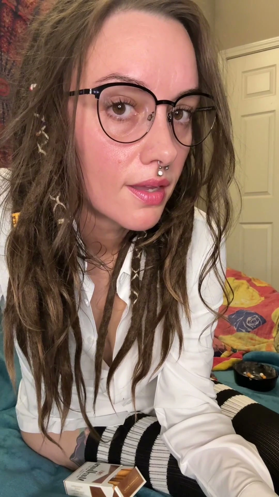 Wearing Glasses and Thigh High Stockings, Smoking a Cigarette and Playing with My Pussy