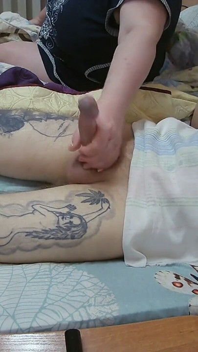 mother-in-law jerks off my dick and watches the sperm flow from the penis | Clip 1