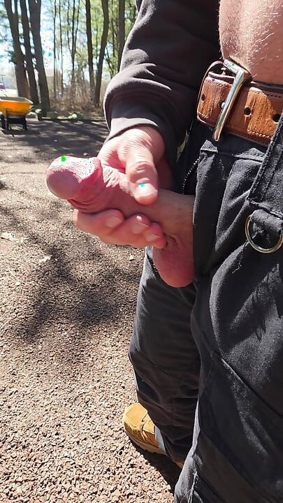 teasing my mushroom tipped cock in the public forest park