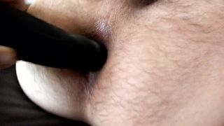 Gaping my hairy asshole with my black dildo