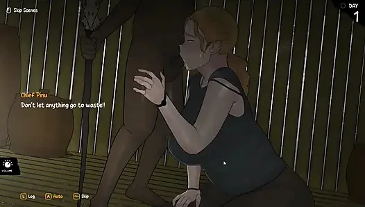 Хентай игра - прибытие богини - часть 1, горячая сексуальная женщина-блондинка выполняет Paizuri и интенсивный минет для вождя племени