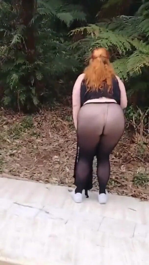 My stepmother in transparent pants without panties showing off on the street. | Clip 1