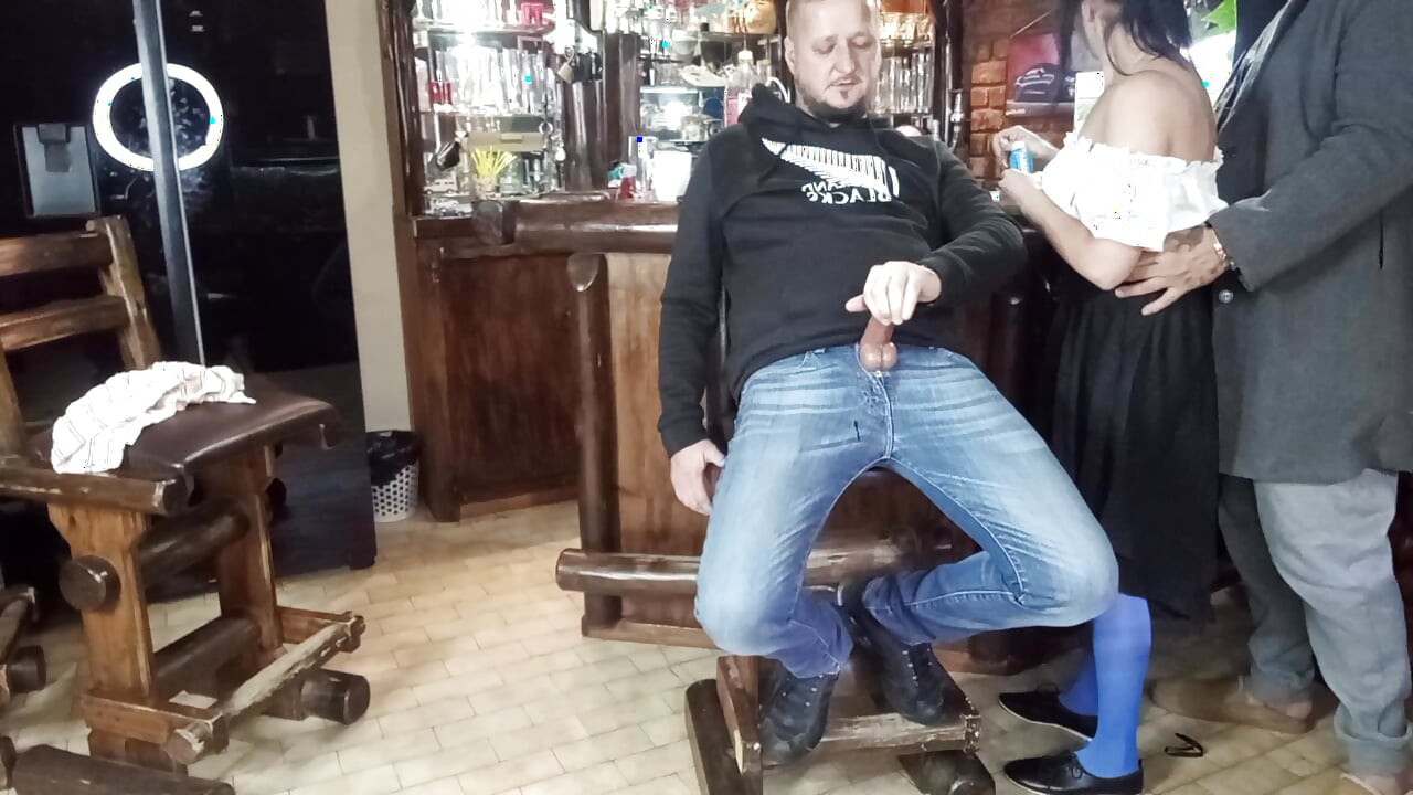 Good looking hotty  having fun two guys in the bar