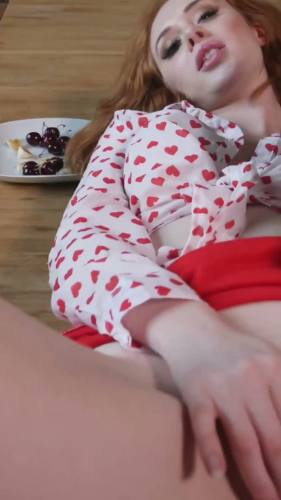 Pale redhead Lenina Crowne with huge tits fucks a big cock on the kitchen table | Clip 1