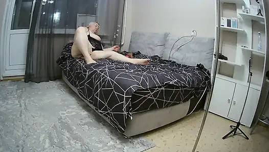 Mother-in-law strokes her tits and masturbates her big pussy with toys