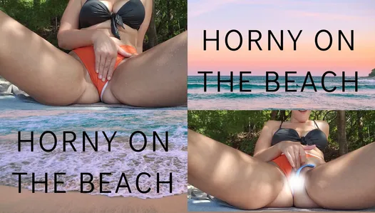 Horny MILF Teacher in swimsuit rubs her pussy on the beach