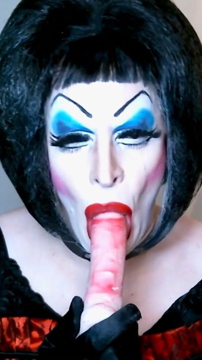 Sissy Slut in Heavy Makeup Sucks and Deep Throats Dildo on Cam | Clip 1