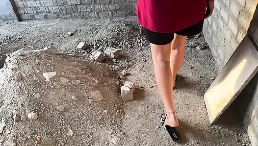 Outdoor sex in under construction building with cute girl, tight pussy sex