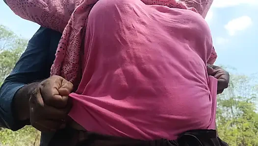 Housewife hot breast squeeze romance in outdoor
