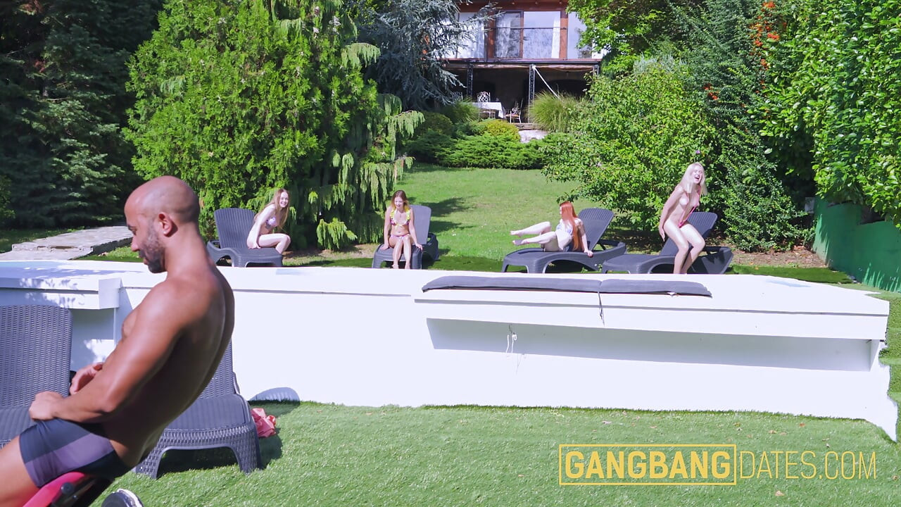 Four girls face interracial gangbang outdoors