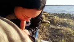 Romantischer Blowjob am Strand der Liebe mit Enten