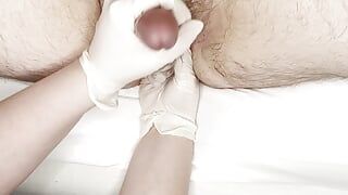 Latex gloves prostate massage and cumshot